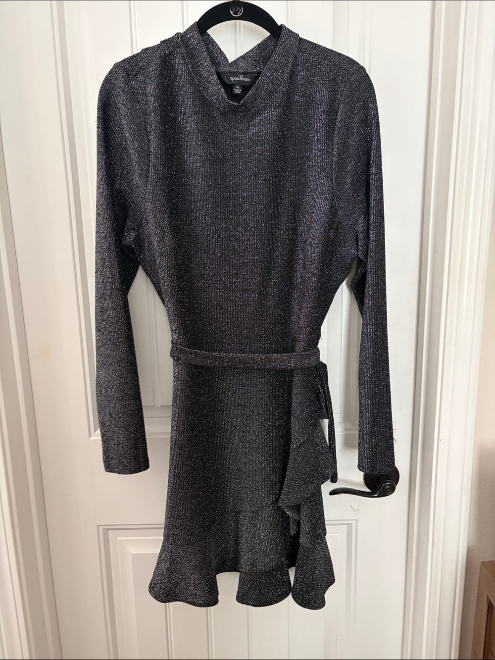 Sparkle Knit Long-Sleeve Wrap Belted Dress - Metallic Charcoal. WORN 1 time
